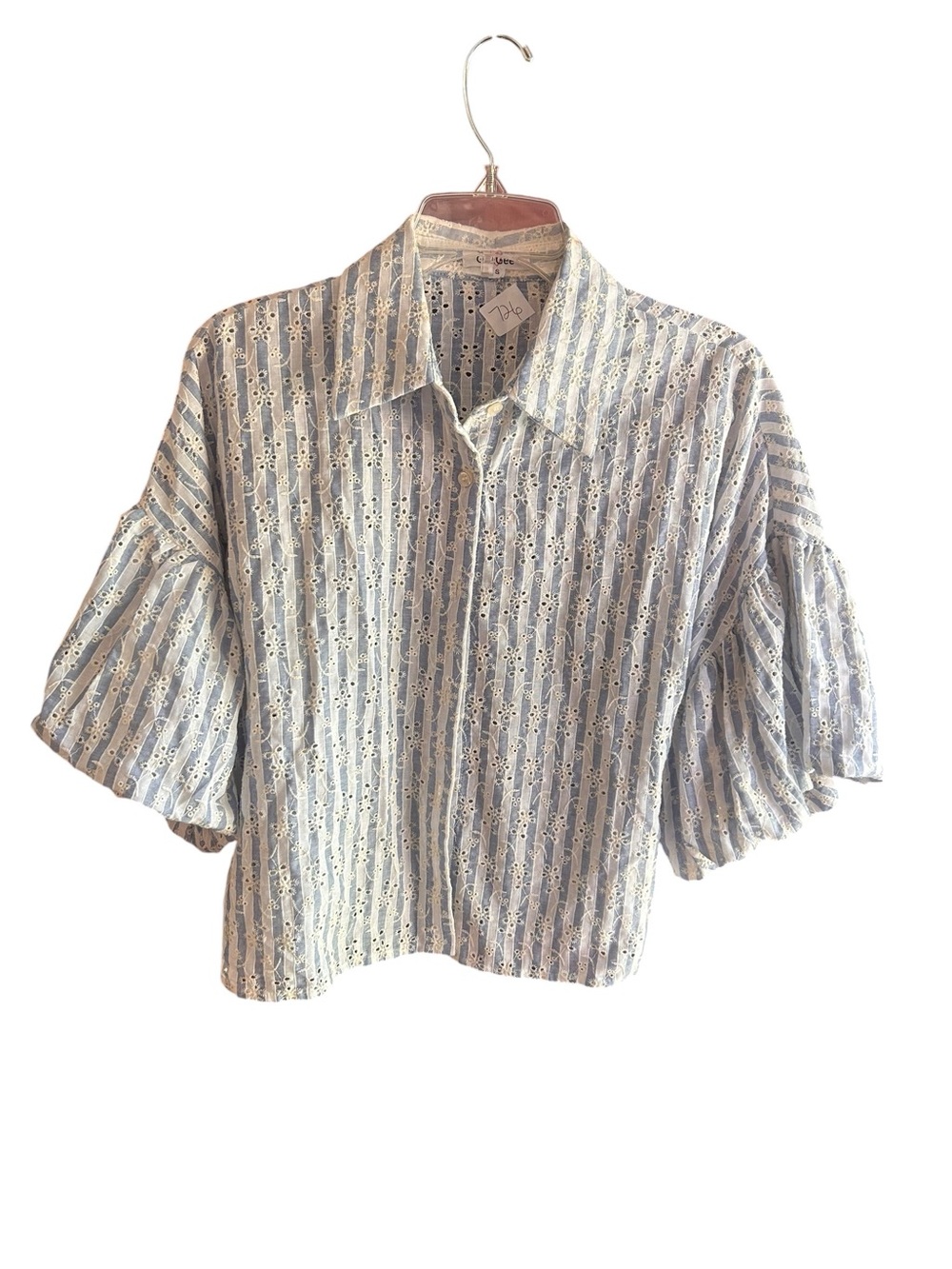 GeeGee vintage blue white eyelet lace striped top Size S
